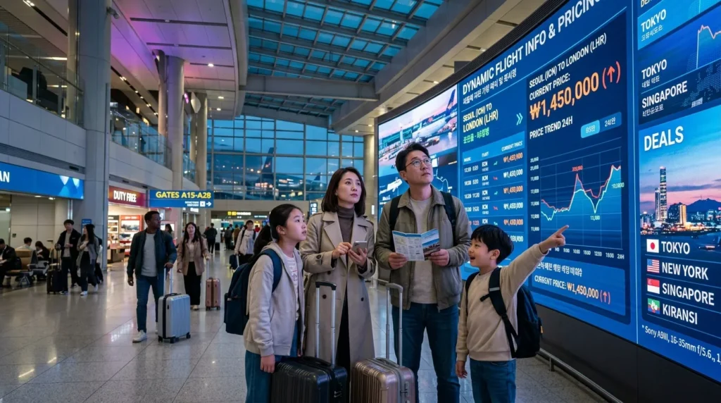 대형 디지털 디스플레이에 실시간으로 항공편 및 가격 정보가 표시되는 미래형 공항 터미널. 다양한 구성원으로 이루어진 한국 가족이 큰 화면을 보며 미래 여행 계획을 세우고 있다. 이는 변화하는 항공 여행 비용의 모습을 상징적으로 보여준다.