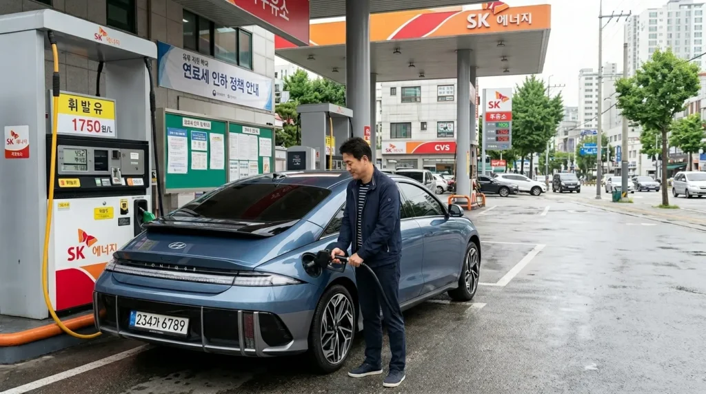 한국의 주유소에서 주유 중인 승용차와 운전자의 모습. 배경으로는 유류세 인하를 상징하는 정책 관련 문서들이 흐릿하게 보인다. 차량은 최신 디자인이며 운전자는 한국인이다.