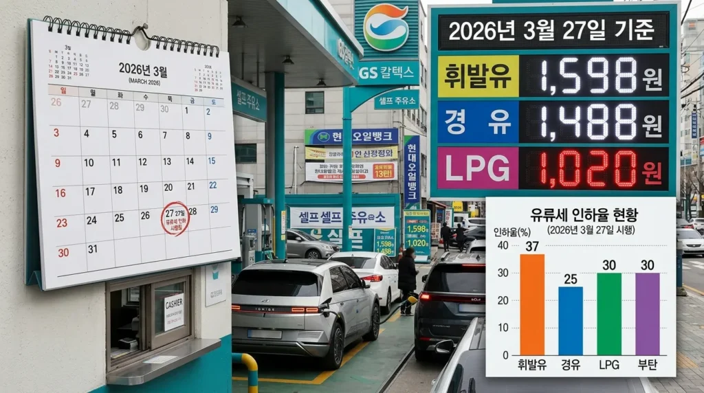 2026년 3월 27일 날짜가 명확히 보이는 달력과 함께, 주유소의 유가 표시판이 확대되어 나타나고 그 위에 휘발유, 경유, LPG 부탄 등 유종별 유류세 인하율을 나타내는 그래프가 오버레이 되어있는 이미지. 한국적인 분위기가 느껴진다.