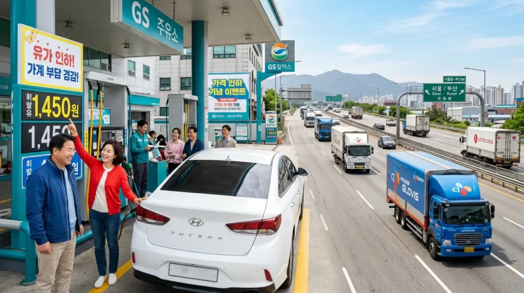 한국인들이 주유소에서 저렴해진 휘발유 가격을 보며 미소 짓는 모습과, 물류 트럭들이 원활하게 운행되는 도로 풍경이 혼합된 이미지. 경제 활성화와 가계 부담 경감을 상징한다.