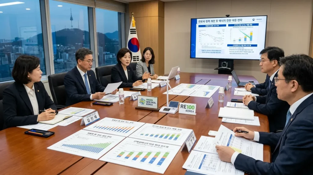 한국 정부 관계자들이 회의실에서 유류세 정책의 장기적인 영향과 에너지 전환에 대해 논의하는 모습. 테이블 위에는 통계 자료와 그래프가 놓여 있고, 환경 친화적인 에너지 관련 상징물들이 함께 배치되어 있다.