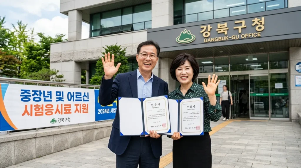 강북구청 건물 앞에서 밝게 웃으며 손을 흔드는 50대 한국인 남성과 여성이 자격증을 들고 있는 모습. 뒤에는 '중장년 응시료 지원' 배너가 보인다.