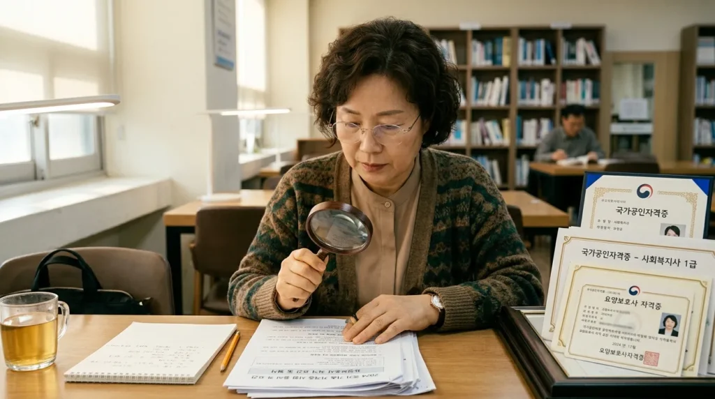 돋보기로 자격증 시험 지원 자격 요건이 적힌 서류를 꼼꼼히 살펴보는 50대 한국인 여성의 모습. 옆에는 여러 종류의 자격증 샘플이 놓여 있다.