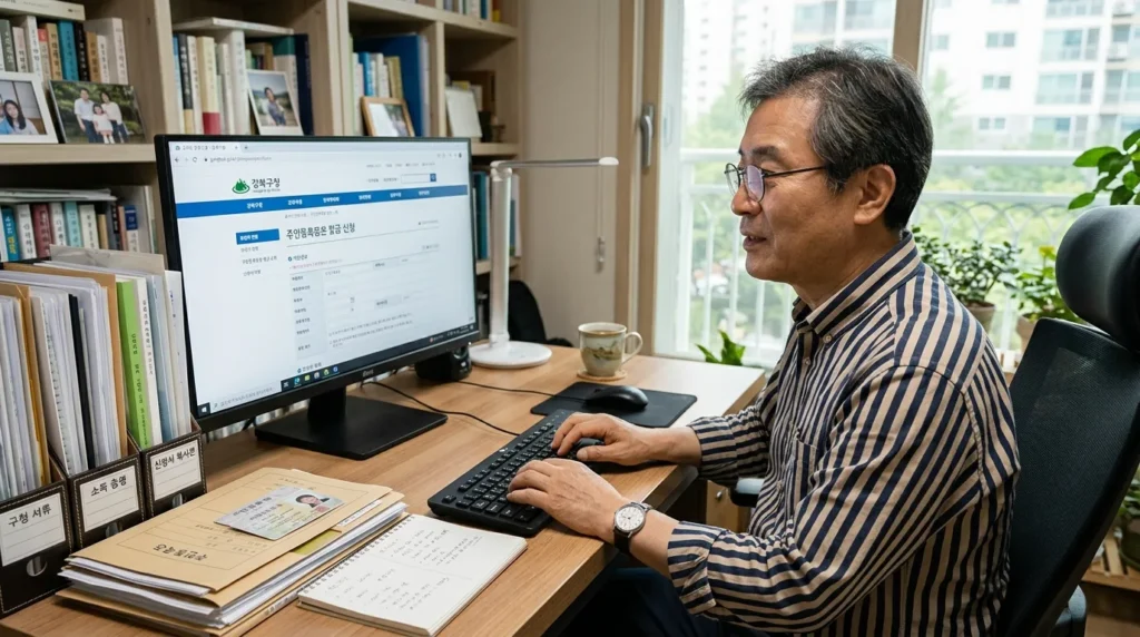 강북구청 홈페이지로 보이는 컴퓨터 화면을 보며 온라인으로 지원서를 작성하는 60대 한국인 남성. 옆에는 필요한 서류들이 깔끔하게 정리되어 있다.