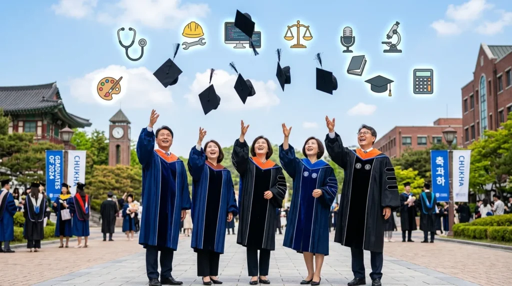 졸업식 학사모를 쓴 중장년 한국인들이 하늘로 학사모를 던지며 환하게 웃고 있다. 배경에는 다양한 직업과 관련된 아이콘들이 떠다닌다.