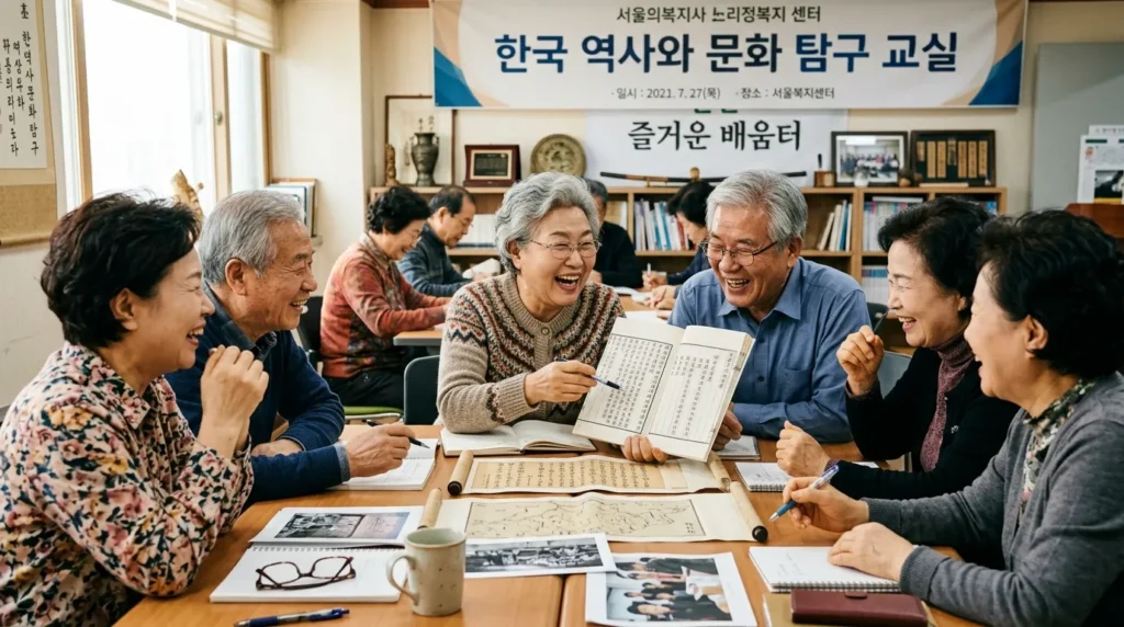 한국인 어르신들이 노인복지관에서 역사문화 탐구반 활동 중 활발하게 의견을 나누고 토론하는 모습. 테이블에 둘러앉아 고문헌 복제본을 보며 웃음꽃을 피우고 있으며, 따뜻하고 활기찬 학습 분위기가 느껴진다.