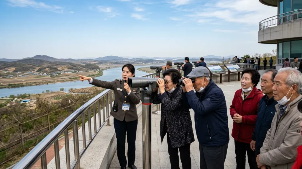 한국인 어르신들이 강화도 평화전망대에서 망원경으로 북한을 바라보며 역사적 의미에 대해 생각하는 모습. 여러 명의 어르신들이 함께 서서 진지하게 경치를 관찰하고 있으며, 안내원이 옆에서 설명을 덧붙이고 있다. 배경에는 탁 트인 전망과 파란 하늘이 보인다.