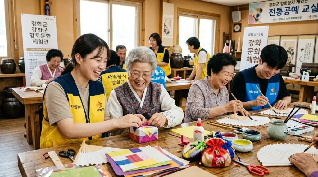 한국인 청년 자원봉사자와 어르신들이 강화군 향토문화회관에서 함께 전통 공예품을 만들며 웃고 대화하는 모습. 밝은 조명 아래 세대 간의 자연스러운 교류와 따뜻한 협력이 돋보인다. 테이블 위에는 다양한 공예 재료들이 놓여 있다.
