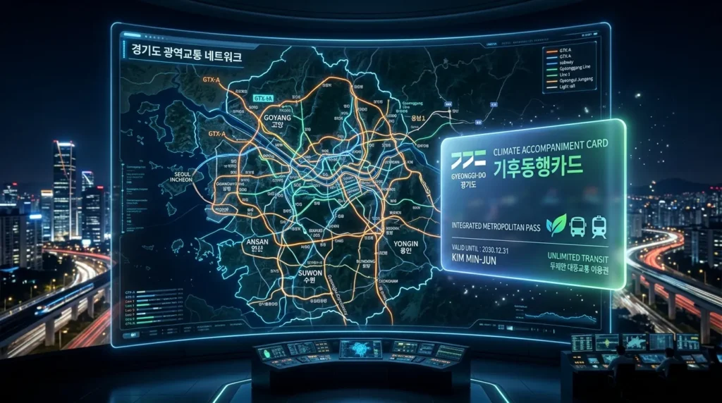 한국 경기도의 미래지향적인 디지털 지도. 빛나는 연결 교통 노선과 그 앞에 떠 있는 세련된 '기후동행카드'가 보인다. 전문적이고 첨단적인 디자인이다.