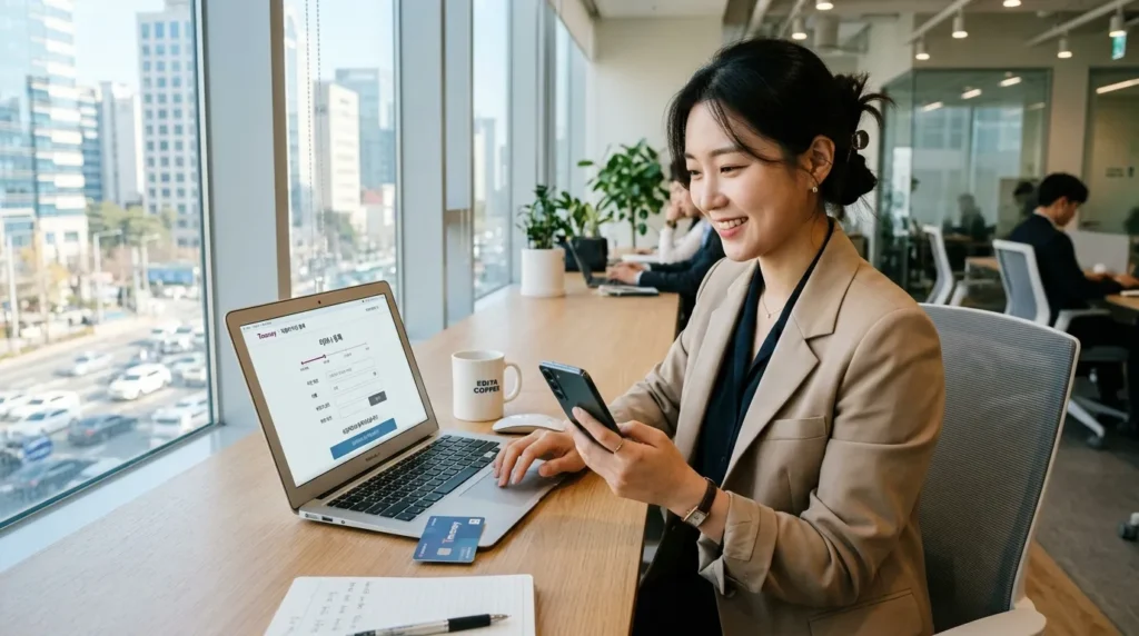 한국의 한 직장인이 노트북과 스마트폰을 이용해 깔끔하고 현대적인 웹사이트에서 교통카드를 등록하고 있다. 집중하는 듯 만족스러운 표정이다.