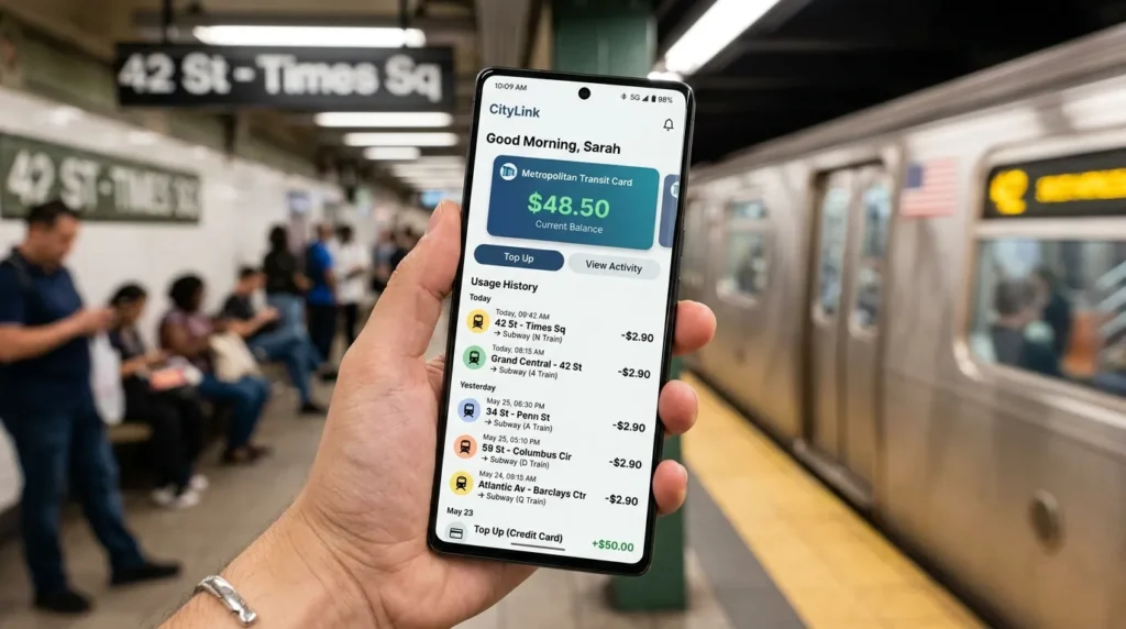 스마트폰 화면을 클로즈업한 고화질 이미지. 교통 이용 내역과 카드 잔액을 보여주는 모바일 앱이 표시되어 있다. 깔끔한 UI 디자인이 돋보인다.