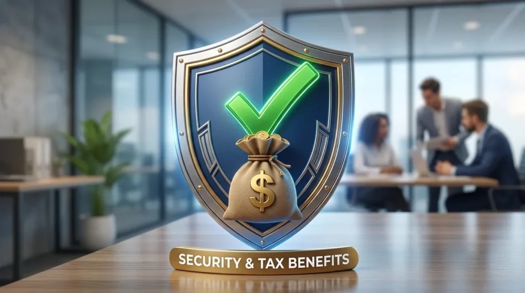 보안과 세금 혜택을 상징하는 체크 표시와 돈주머니가 있는 방패 모양의 3D 일러스트. 전문적이고 깔끔한 미학을 보여준다.