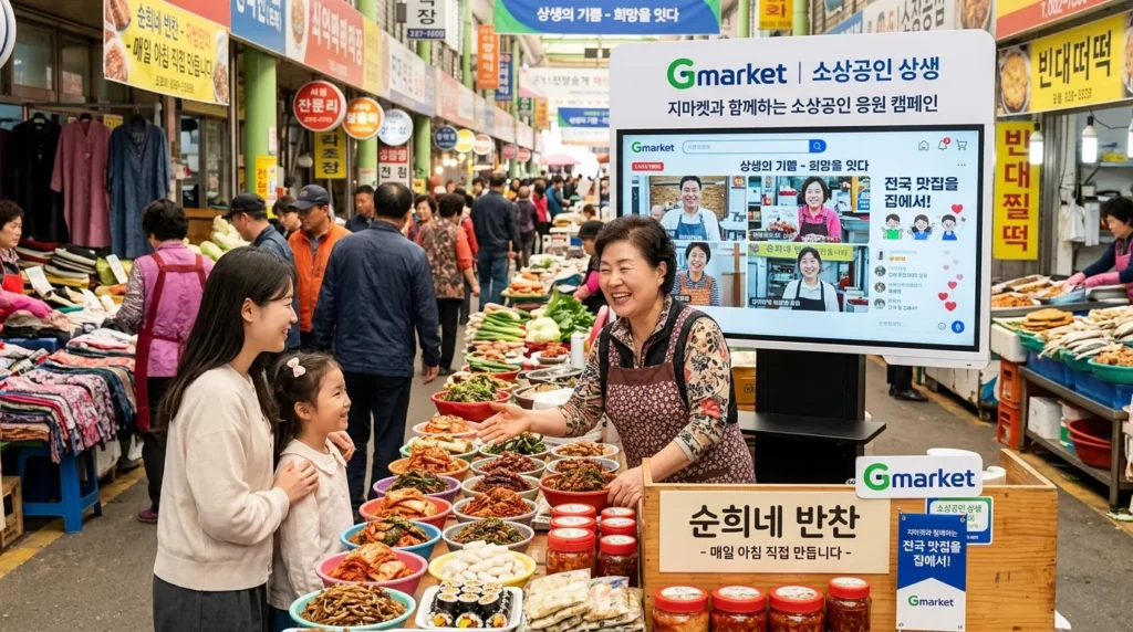 지마켓 로고와 함께 다양한 신선식품, 가공식품이 진열된 마켓 플레이스 전경. 화면에는 한국인 소상공인 셀러들이 고객과 소통하는 모습이 디지털 인터페이스로 표현되어 있고, 전체적으로 밝고 희망찬 분위기이다. 활짝 웃는 한국인 소상공인이 자신의 가게 앞에서 고객을 맞이하고 있다.