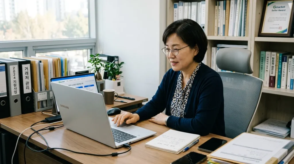 한국인 소상공인이 지마켓 웹사이트에서 TOPS 지원 프로그램 신청 페이지를 주의 깊게 읽고 있는 모습. 화면에는 신청 자격, 구비 서류, 단계별 절차가 명확하게 표시되어 있다. 배경은 깔끔한 사무실 환경에서 책상에 앉아 노트북을 사용하고 있다.