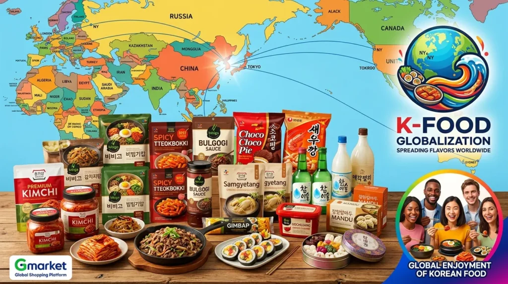 다양한 종류의 한국 전통 및 현대 식품들이 아름답게 포장되어 전 세계 지도를 배경으로 나열되어 있다. 지마켓 로고가 작게 보이고, 한국 식품의 세계화를 상징하는 밝고 역동적인 이미지. 여러 국적의 사람들이 한국 음식을 즐겁게 맛보는 모습이 작게 오버랩되어 있다.