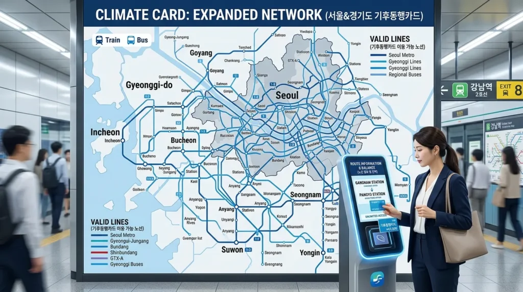 서울 수도권과 경기도의 지도를 보여주는 전문적인 인포그래픽입니다. 파란색 선들은 확장된 기후카드 네트워크를 나타냅니다. 비즈니스 캐주얼 복장을 한 한국 직장인이 경로 정보를 표시하는 디지털 키오스크를 보고 있습니다.