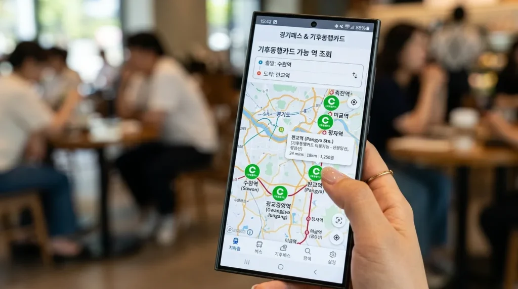 지도와 경로 검색 기능을 갖춘 모바일 애플리케이션이 표시된 최첨단 스마트폰 화면을 클로즈업한 사진입니다. 깔끔한 한국어 UI에는 경기도 내 기후카드 사용 가능 역이 명확하게 표시되어 있습니다. 한국인의 손이 화면을 조작하고 있습니다.