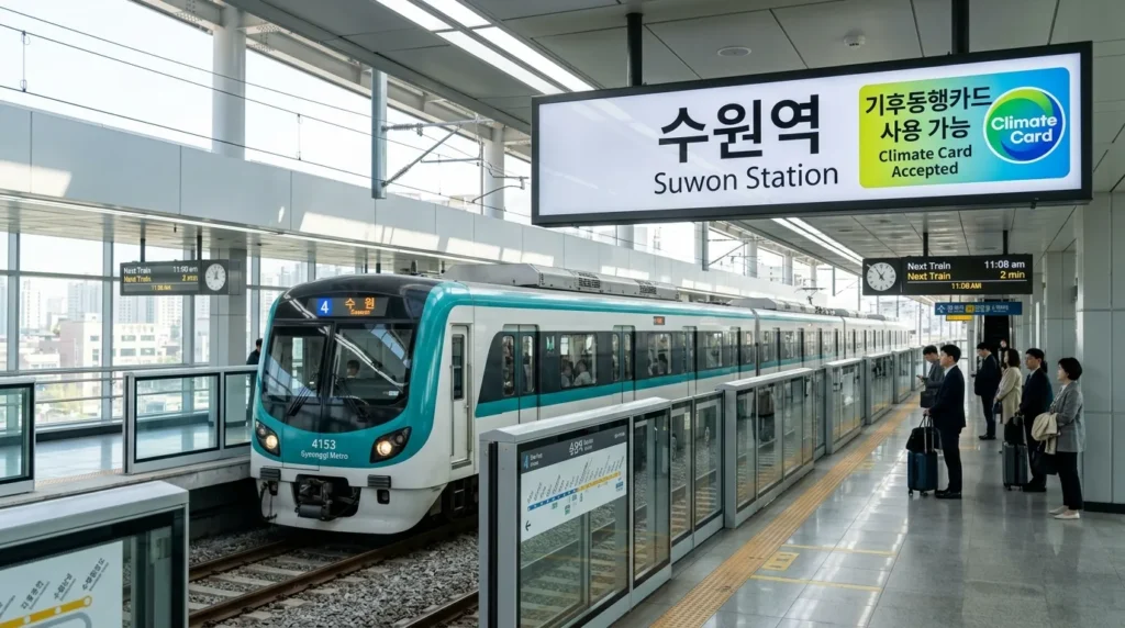 경기도의 한 역에 도착하는 현대적인 지하철 열차를 깔끔하고 미니멀하게 표현한 이미지입니다. 역 표지판에는 역 이름과 '기후카드 사용 가능' 스티커가 선명하게 표시되어 있습니다. 밝고 쾌적한 조명은 효율적인 대중교통을 상징합니다.