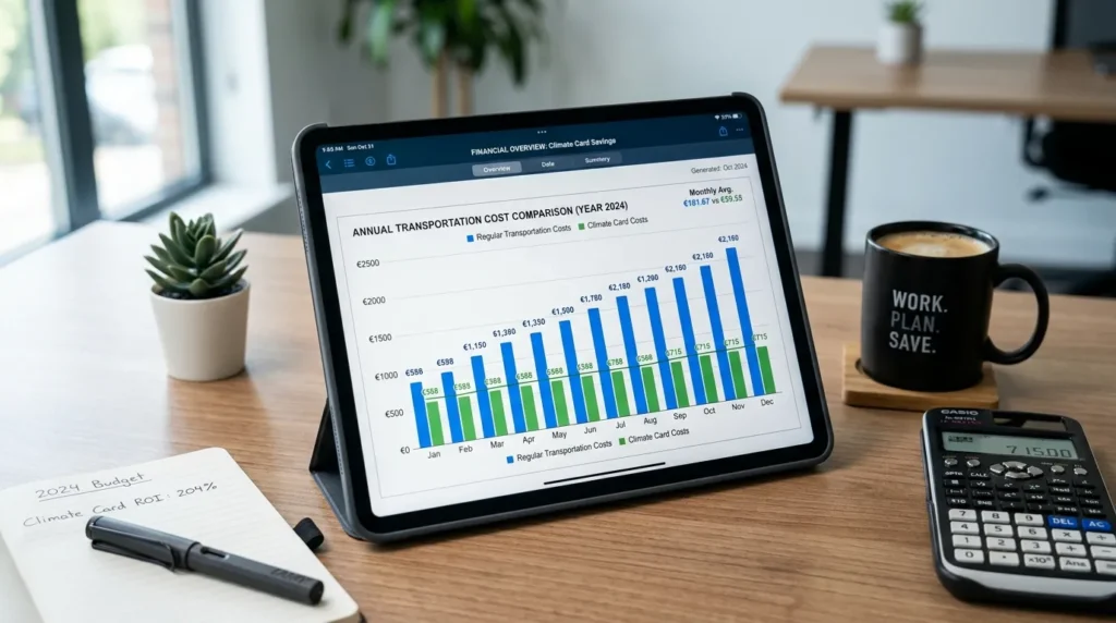 디지털 태블릿에 표시된 전문적인 그래프는 1년간 일반 교통비와 기후카드 사용 비용을 비교하고 있습니다. 태블릿 옆 깔끔한 책상 위에는 커피 한 잔과 계산기가 놓여 있어 재정 계획을 세우는 모습을 암시합니다.