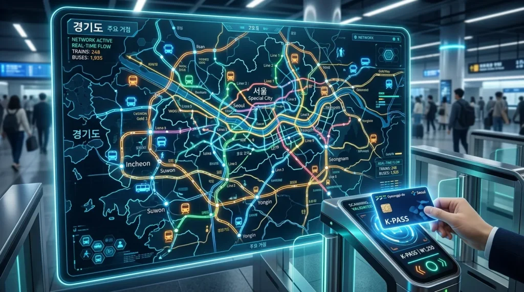 경기도와 서울 지역을 빛나는 교통선으로 연결한 미래지향적인 디지털 지도. 버스, 지하철 아이콘과 개찰구에서 스캔되는 스마트 카드가 표시되어 있다. 전문적이고 기술 지향적인 분위기다.