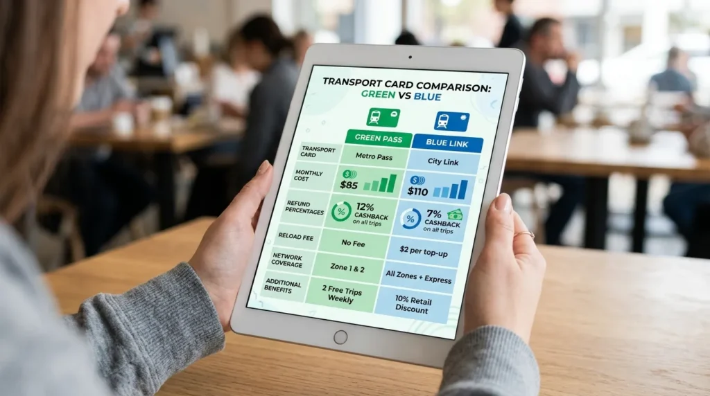 한 사람이 들고 있는 태블릿에 깔끔하고 현대적인 인포그래픽 표가 표시되어 있다. 이 표는 초록색과 파란색으로 구분된 두 가지 교통 카드의 '환불 비율'과 '월별 비용'을 비교한다.