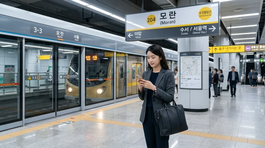 경기도의 세련되고 현대적인 지하철역 안에 서 있는 전문가가 휴대폰으로 교통 앱을 확인하고 있다. 배경에는 경기도와 서울역 이름이 선명하게 적힌 표지판이 보인다. 고해상도에 부드러운 조명이 사용되었다.