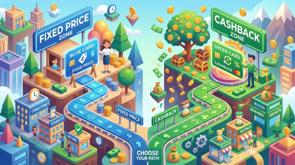 두 가지 경로를 3D 입체 투영으로 보여준다. 하나는 파란색 카드를 사용하는 '정액 요금' 구역으로, 다른 하나는 초록색 카드를 사용하는 '캐시백' 구역으로 이어진다. 돈과 시간을 상징하는 기호들이 곳곳에 배치되어 있다.