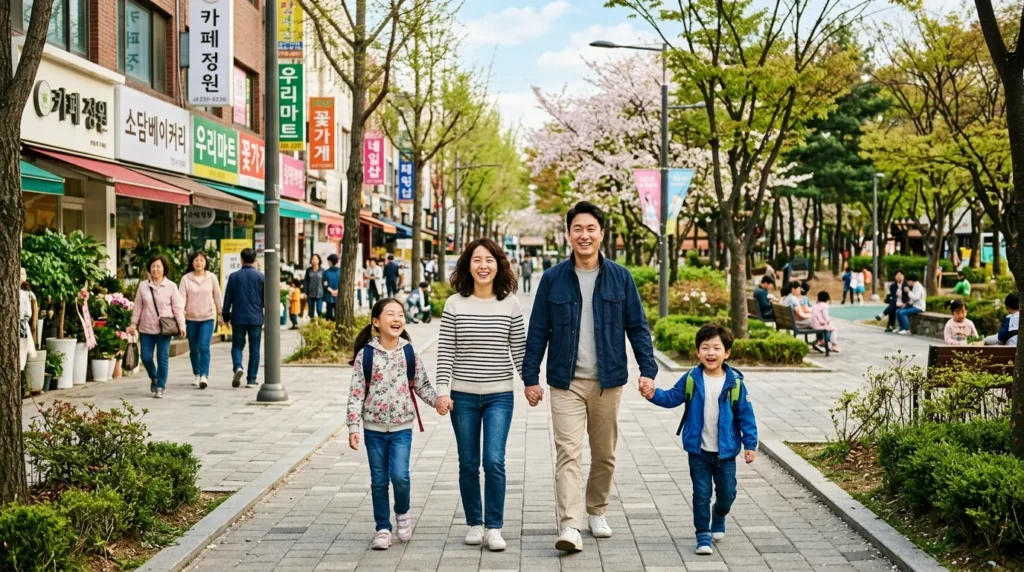 미소 짓는 한국인 부부와 두 자녀가 함께 손을 잡고 행복하게 걷는 모습. 배경에는 활기찬 동네 상점가와 공원이 어우러져 지역사회의 번영을 상징한다.