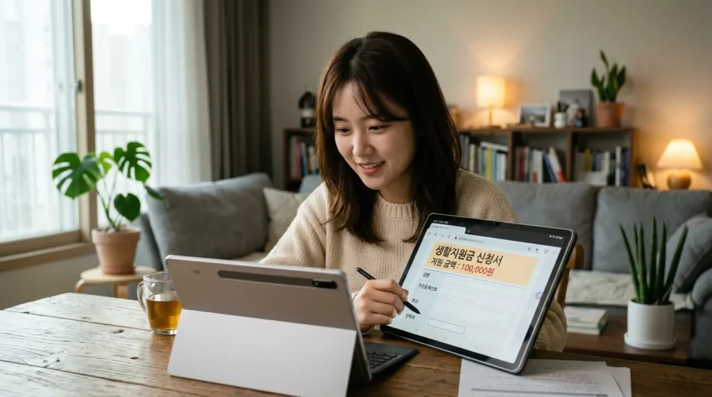 한국인 여성이 태블릿으로 온라인 신청 양식을 작성하는 모습. 화면에는 "생활지원금 신청"이라는 글자와 함께 10만원 금액이 강조되어 있다. 배경에는 집안의 편안한 분위기가 연출되어 있다.