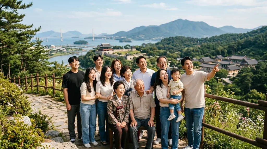 다양한 연령대의 한국인들이 함께 모여 밝은 표정으로 미래를 바라보는 모습. 희망찬 분위기 속에서 경상남도의 상징물이 배경에 은은하게 비치고 있다.