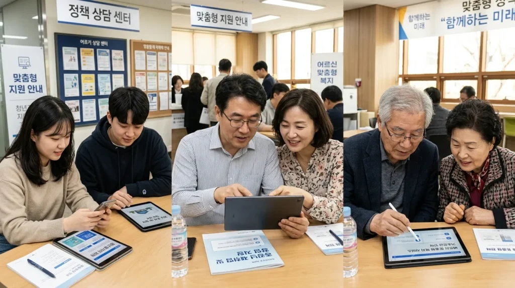 다양한 연령대의 한국인들(청년, 중장년 부부, 어르신)이 각자의 상황에 맞는 지원 정책 정보를 태블릿이나 스마트폰으로 진지하게 찾아보는 모습. 그들의 표정에는 희망과 집중이 담겨 있다.