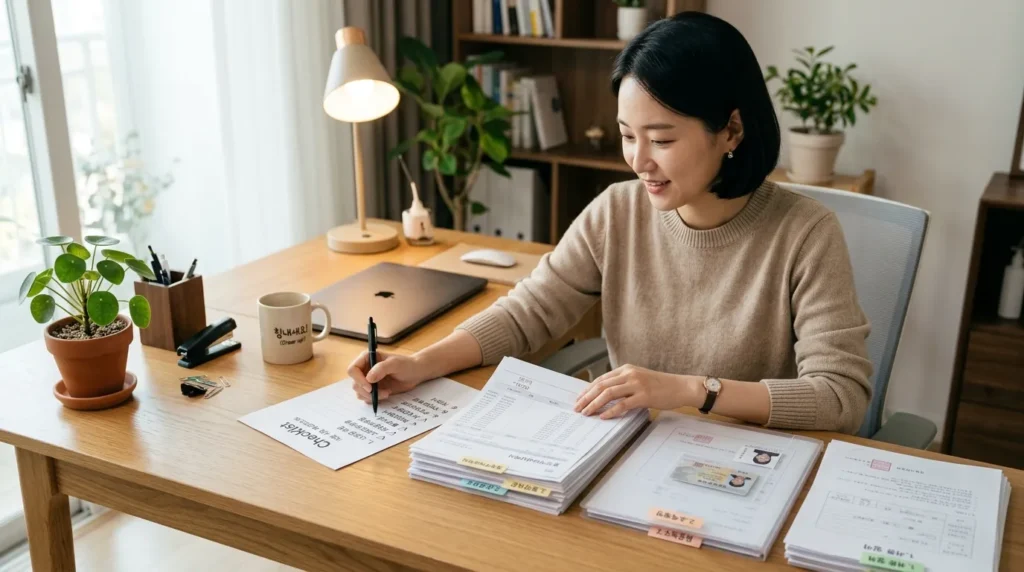 깔끔하게 정리된 책상 위에서 한국인 여성이 신분증, 소득 증빙 서류, 통장 사본 등 다양한 신청 서류들을 체계적으로 분류하고 준비하는 모습. 서류 옆에는 체크리스트가 놓여있다.