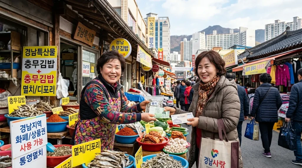 활기찬 경상남도 전통시장에서 한국인 상인과 고객들이 지역화폐나 바우처로 활발하게 거래하며 웃는 모습. 배경에는 지역 특산물과 현대적인 건물들이 어우러져 있다.