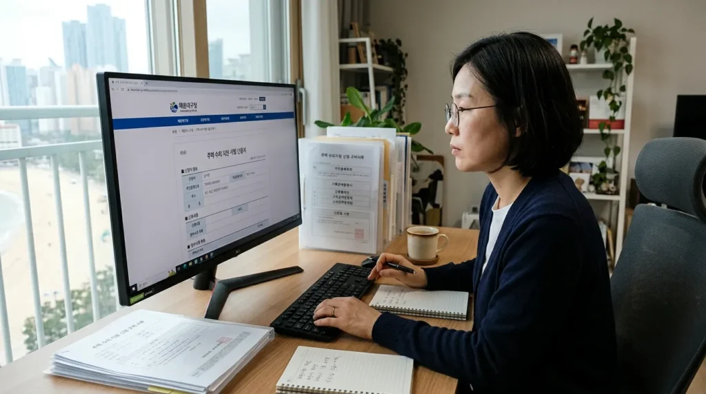 해운대구청 웹사이트에서 집수리 지원사업 신청 양식을 한국인이 작성하고 있는 모습. 컴퓨터 화면에 신청서 양식이 보이고, 옆에는 필요한 서류들이 깔끔하게 정리되어 있다. 진지하고 꼼꼼한 분위기.