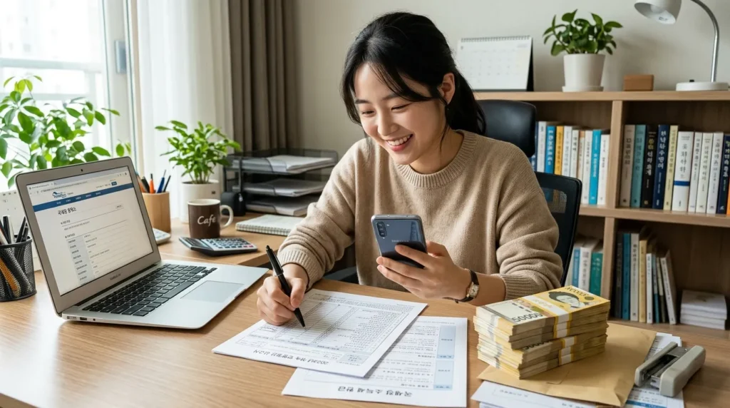 한국인 한 명이 노트북과 스마트폰을 동시에 보며 세금 환급금 관련 서류를 꼼꼼히 확인하는 모습. 주변에는 돈다발이 쌓여있고, 얼굴에는 기분 좋은 미소가 가득하다.