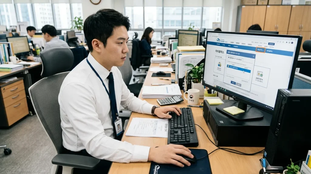 한국인 직장인이 PC 데스크톱 화면에 홈택스 웹사이트를 띄워놓고 공동인증서로 로그인하는 장면. 키보드와 마우스를 사용하며 집중하고 있고, 화면에는 'MyNTS' 메뉴가 강조되어 보인다.