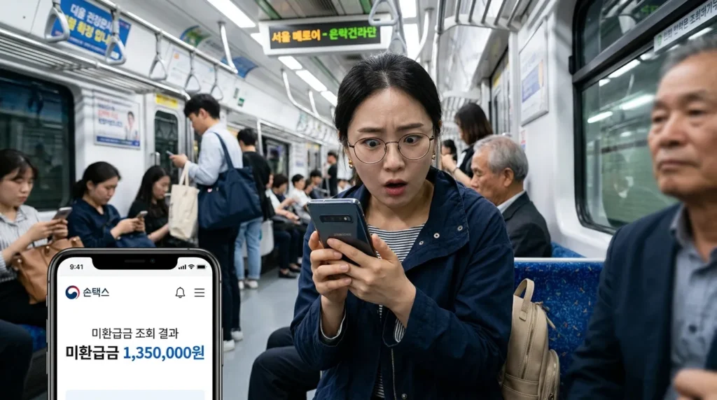 한국인 한 명이 지하철에서 스마트폰을 들고 손택스 앱을 실행하여 국세 환급금을 조회하는 장면. 앱 화면에는 '미수령 환급금 00원'과 같은 문구가 명확히 보이며, 사용자는 놀란 표정으로 화면을 응시하고 있다.