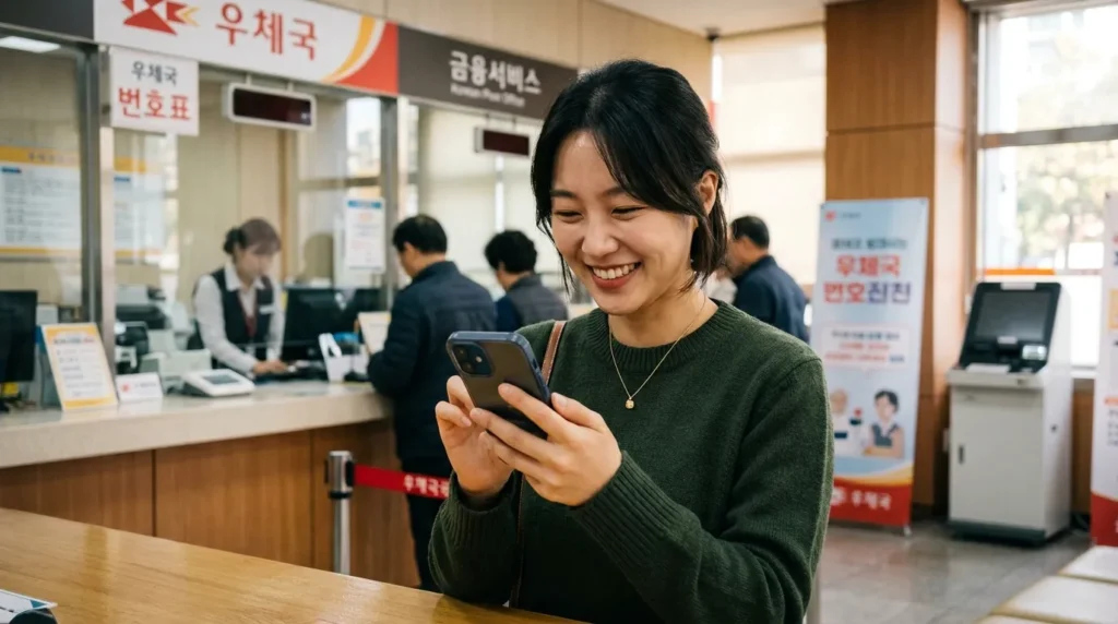 한국인 여성이 스마트폰으로 은행 앱을 열어 환급금 입금 알림을 확인하고 기뻐하는 모습. 화면에는 '국세환급금 입금 완료' 메시지가 보이며, 배경으로는 우체국이나 은행 창구가 흐릿하게 보인다.