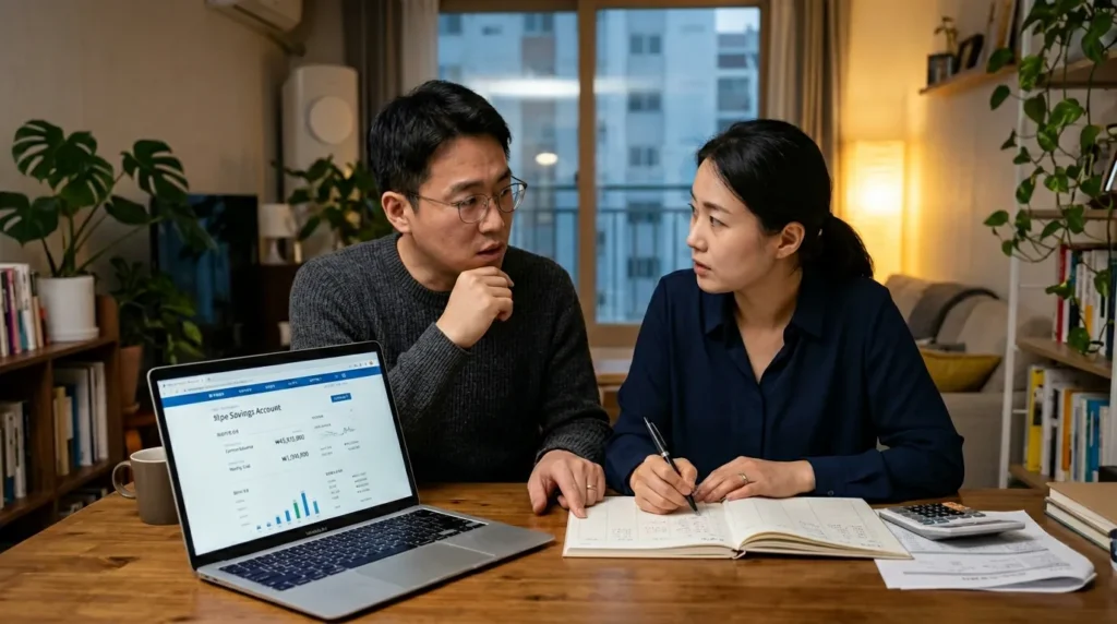 한국인 남녀가 진지하게 대화를 나누며 가계부를 정리하고 있는 모습. 그들 앞에 놓인 노트북 화면에는 '희망저축계좌' 문구가 선명하게 보인다.