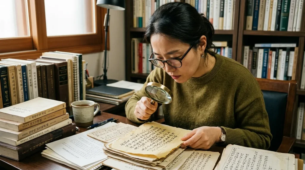 한인 여성이 서류 더미 앞에서 돋보기를 들고 복잡한 글씨를 자세히 들여다보고 있다. 그녀의 표정은 신중하고 집중되어 있다.
