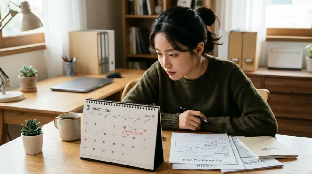 한인 여성이 책상에 앉아 2026년 3월이 표시된 달력을 응시하고 있다. 달력 옆에는 희망저축계좌 신청서와 여러 증빙 서류가 정돈되어 놓여 있다. 그녀의 얼굴에는 결의에 찬 표정이 엿보인다.