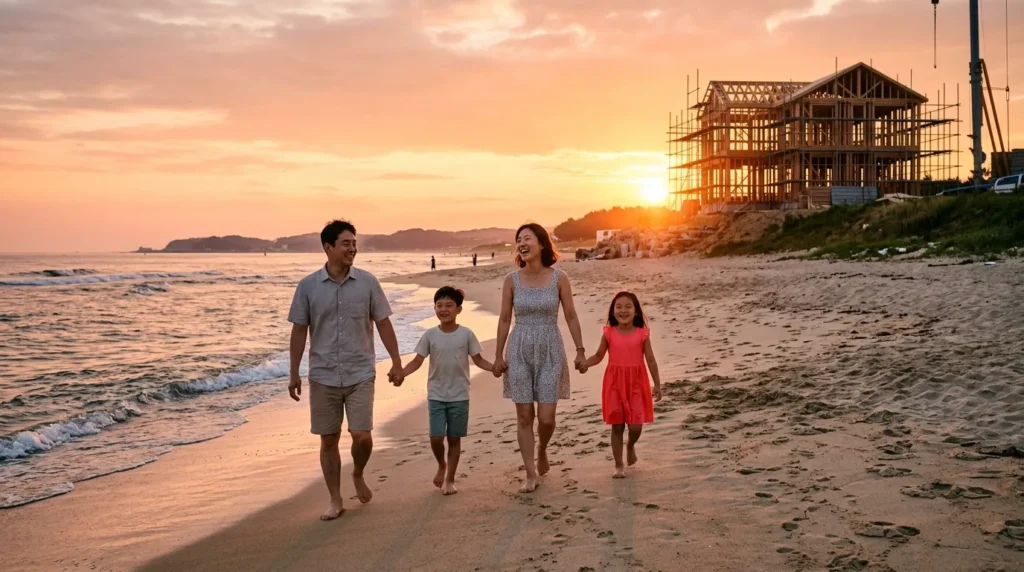 한인 가족 (부모와 두 자녀)이 해변가에서 행복하게 웃으며 손을 잡고 있다. 그들 뒤로는 햇살을 받으며 지어지는 새 집의 실루엣이 보인다. 미래의 희망과 재정적 안정을 상징한다.