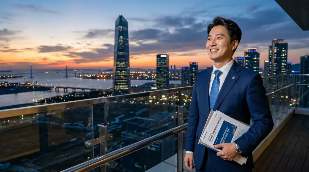 한 한국인 사업가가 인천의 스카이라인을 배경으로 밝은 미소를 지으며 서류를 들고 희망찬 표정으로 미래를 바라보는 모습. 비즈니스 정장을 깔끔하게 입고 있다.