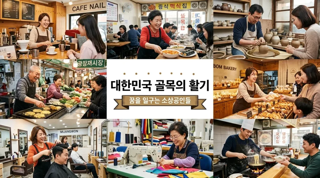 다양한 연령대의 한국인 소상공인들이 각각 자신의 가게(카페, 식당, 작은 공방 등)에서 활기차게 일하며 고객을 응대하는 모습이 몽타주 형식으로 구성되어 있다.