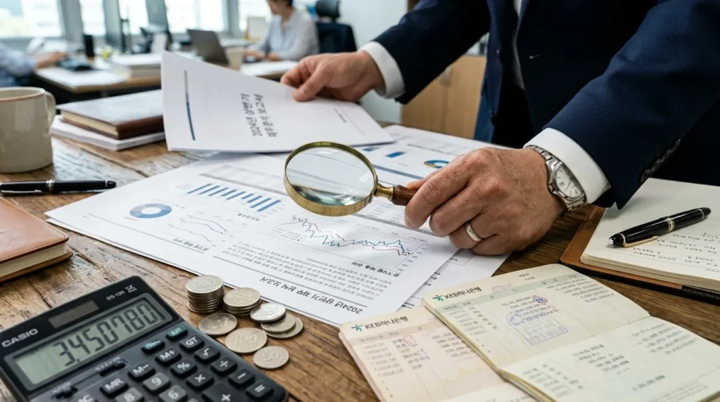 돋보기로 복잡한 서류와 그래프를 분석하는 한국인 사업가의 손이 클로즈업되어 있다. 주변에는 동전, 계산기, 통장 등이 놓여 있어 재정 분석의 중요성을 강조한다.