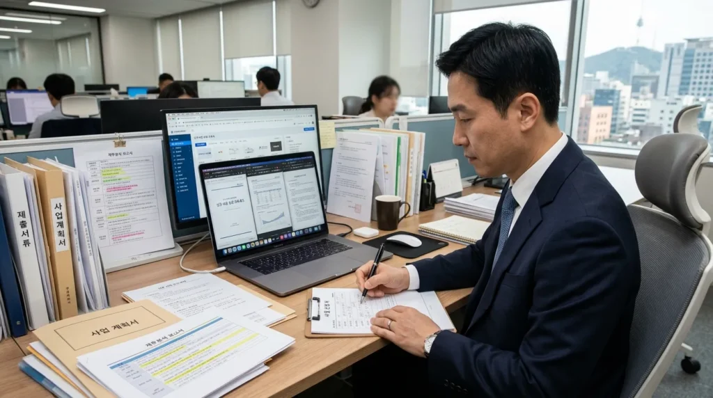한국인 사업가가 노트북 앞에서 온라인 서류를 꼼꼼히 검토하며 신청서를 작성하고 있다. 주변에는 필요한 서류들이 깔끔하게 정리되어 있다.