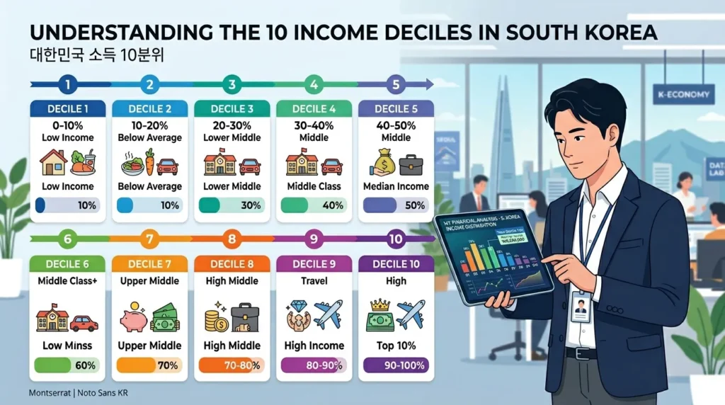 한국의 10대 소득 분위를 보여주는 전문적인 인포그래픽. 한국인 직장인이 디지털 태블릿에 표시된 재무 차트와 백분율 막대를 보고 있는 모습이 깔끔하고 모던한 플랫 디자인으로 표현되어 있다.