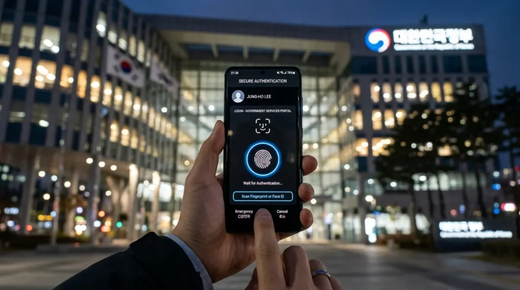 현대적인 한국 정부 청사 외관이 흐릿하게 보이는 배경 위에, 보안 인증(페이스 ID 또는 지문 인식) 로그인 페이지가 표시된 첨단 스마트폰 화면.