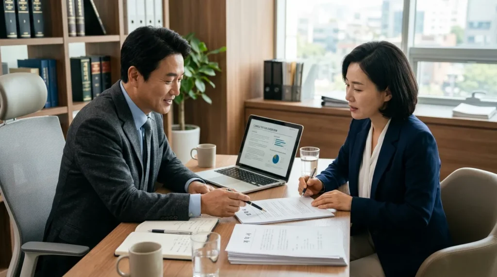 한국인이 책상에 앉아 법률 문서와 노트북을 보며 전문가와 상담하는 차분하고 전문적인 분위기. 문제 해결에 초점을 맞춘 지원적인 분위기를 연출한다.