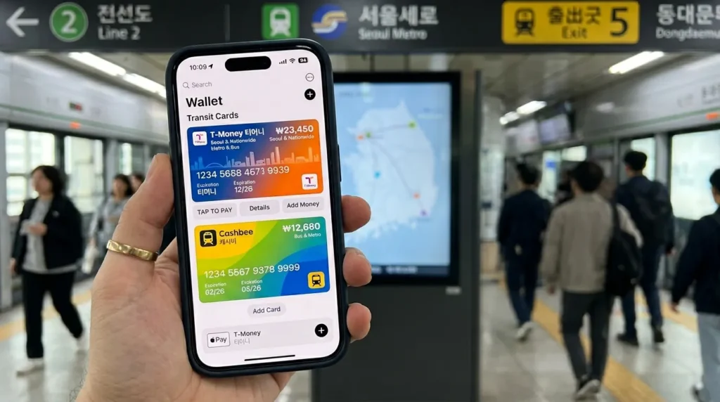 아이폰 화면을 클로즈업한 장면으로, 애플 월렛 인터페이스가 선명하게 표시되어 있다. 티머니와 캐시비 교통카드가 추가된 모습이 깔끔하고 밝은 디자인으로 보인다. 배경에는 한국 지도가 은은하게 보여 전국적인 사용 가능성을 암시한다.